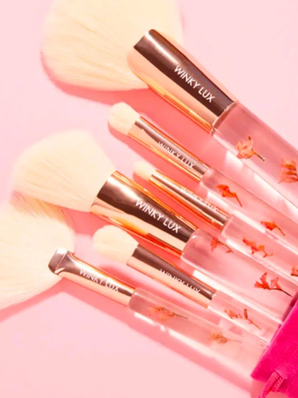 WINKY LUX Pink Floral Handle Makeup Brush Set with Gold Ferrules